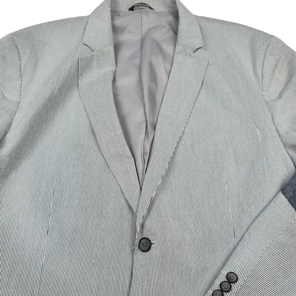 Tasso Elba Seersucker Elbow Patches Blazer Jacket Sz XXL 50-52 White Blue Stripe